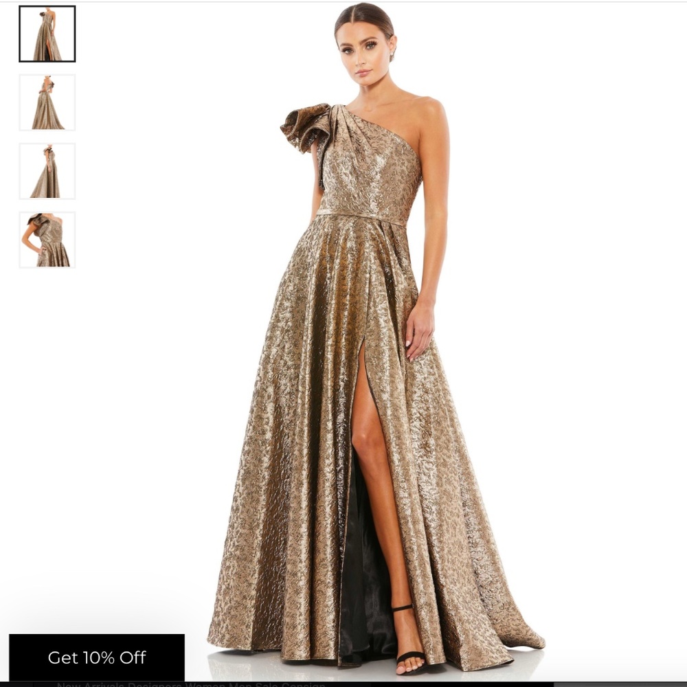 NWT: Mac Duggal ONE-SHOULDER METALLIC BALLGOWN